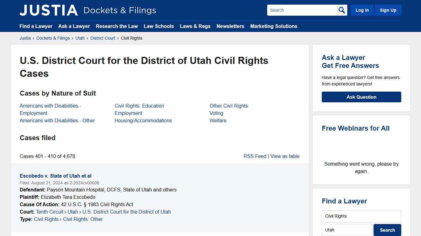 Civil Rights Cases, Dockets and Filings in the U.S. District Court for the District of Utah | Justia Dockets & Filings