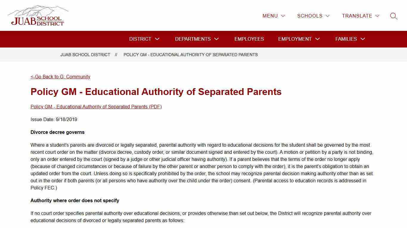 Policy GM - Educational Authority of Separated Parents | Juab School District